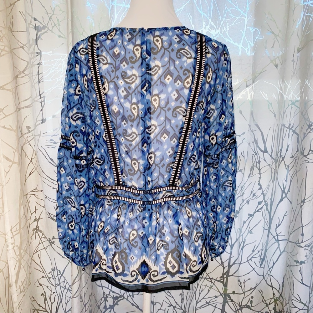 VERONICA BEARD BLUE WHITE CABO BOHO PAISLEY SHEER SILK BLOUSE LONG SLEEVE TOP - Picture 8 of 14